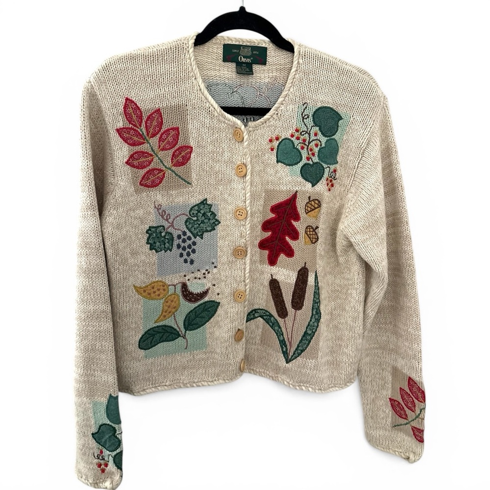Vintage Orvis Fall Theme Leaf Knit Cardigan Sweater Autumn Medium